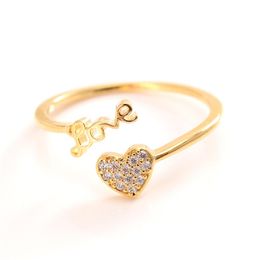 Anillos de amor para mujer Lovely 24 k CT Fine Solid Gold GF CZ Stones Ring Anillo de apertura de tamaño ajustable Cute Heart-Shaped Jewelry273H