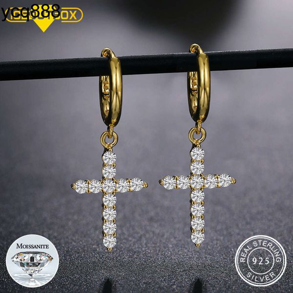 Boucles d'oreilles en forme de croix pour hommes et femmes, en argent S925, plaqué or 14k 18k, jaune et blanc, diamant Moissanite, goutte d'eau