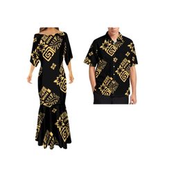 Vrouw zeemeermin stijl Samoaanse stam dame jurken aangepaste Hawaiiaanse bloem Polynesische print half mouw herenoverhemden paar kleding 220706