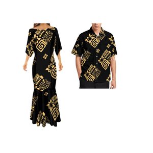 Mujer sirena estilo tribu samoana vestidos de dama flor hawaiana personalizada impresión polinesia media manga camisas de hombre ropa de pareja 220706