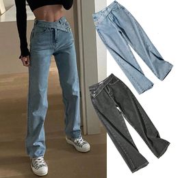 Vrouw schuine riem jeans hoge taille kleding wijde pijpen denim kleding blauw grijs streetwear vintage mode harajuku rechte broek 240129
