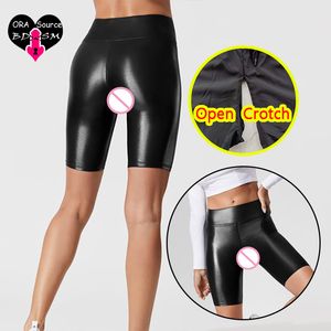 Vrouw Open Kruis Lederen Sexy Leggings Outdoor Sex PU Shorts Gothic Latex Crotchless Mini Broek Sport Catsuit Chap Club Wear