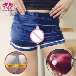 Pantalones sexuales al aire libre para mujer, pantalones cortos finos con entrepierna abierta y cremalleras, novedad de verano exótica, bragas sin entrepierna de Color Push Up, pantalón corto Sexy para la playa