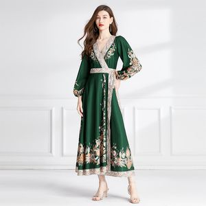 Femme Paisley Floral Vert Maxi Robes Vintage Designer Manches Bouffantes Vacances Col En V Ceinturé Côté Bow Wrap Robe 2023 Printemps Automne Coupe Élégante Runway Party Frocks