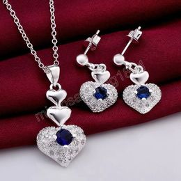 Vrouw feest bruiloft sieraden sets 925 zilveren kleur blauw kristal hart hanger ketting oorbellen klassiek mode kerstcadeau