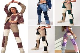 Vrouw lappendeken magere rechte been jeans mid taille denim broek sexy kleurblok vintage streetwear broek mode kleding 7656702