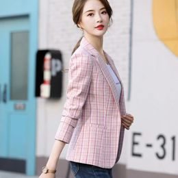 Mulher rosa damasco xadrez blazer moda casual fino manga longa jaquetas feminino único botão chique blazers casaco S-4XL 231229
