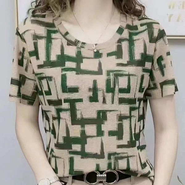 Polo de mujer Camiseta de manga corta con cuello redondo estampado para mujer 2024 verano nueva moda vestido de niña bonita que cubre la parte superior elástica de carne para usar una camisa polo