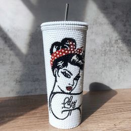 Vrouw Power Sparkling Tumbler Rosie De Riveter Rhinestone Water fles met stro roestvrij staal Personalisatie naam Coffee Cup 240409