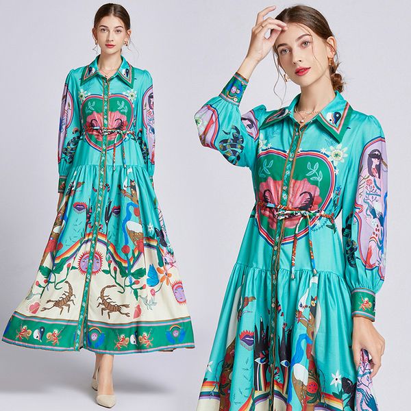 Mujer estampado en rufa azul maxi diseñador diseñador francés de manga larga encaje de la cintura para la cintura botones casuales vestidos 2023 otoño invernal de la pista del invierno fiesta de las vacaciones ruchadas