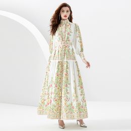 Mujer Puff Manga Floral Maxi Vestido Vintage Diseñador Stand Collar Slim Fruncido Vacaciones Suelto Gran Swing Vestidos de fiesta Robe 2023 Primavera Otoño Impreso Runway Frocks