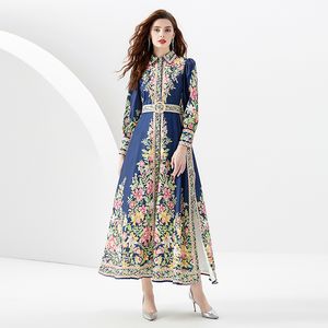 Femme Rétro Floral Maxi Robe Robe Imprimé Revers Bouton Avant Slim Bleu Chemises Boho Robes avec Ceinture 2023 Chic Piste Designer Vacances Fête Lanterne Manches Robes