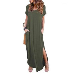Vrouw kleding maat S - 5 XL nieuwe elegante zomer strand dragen ronde kraag chiffon jurk pocket open vork1