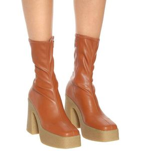 Botas de tobillo elásticas para mujer Plataforma de cuero Naranja Punta cuadrada Martin Bota Tacón cuadrado Zapatos modernos