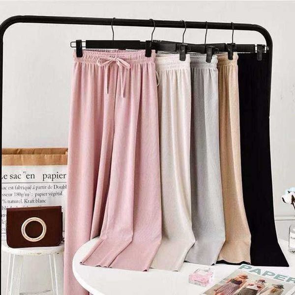 Pantalones de pierna ancha para mujer, cintura elástica, cintura alta, informales, para primavera y verano, pantalones de seda helada para mujer, pantalones para fregar Q0801