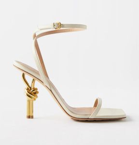 Femme sandale hauts hauts bottegavennetas- knot sandal pour femmes sandales sangle de cheville avec talon de nœud en métal doré