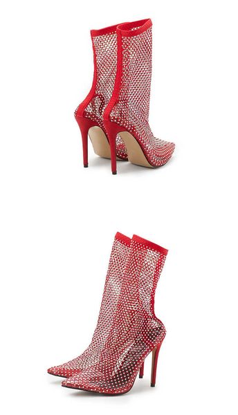 Femme sandales été cristal diamant maille femmes bout pointu mode respirant rouge blanc fête Club bottines chaussures 230511