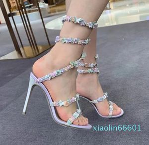 femme sandales femmes robe de soirée chaussures 9.5cm Fleurs violettes Serpentine Wraparound designer de luxe talons hauts pour femmes35-43