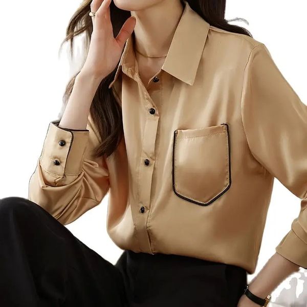 Mujer Satén Oro Camisas con botones Diseñador Blusas de manga larga Otoño Invierno Solapa Pasarela Camisas versátiles casuales 2023 Oficina Señoras Moda simple Tops Tallas grandes