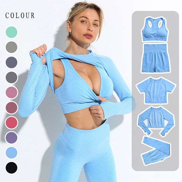 Conjunto de trajes de yoga sin costuras para mujer Fitness Sport Suit Crop Tops Ropa 2pcs Cintura alta Running Leggings Pantalones Entrenamiento Ropa deportiva Ropa de entrenamiento Trajes de yoga