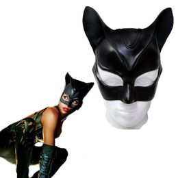 Vrouw sexy kat selina kyle masker bruce wayne cosplay kostuum latex helm fancy volwassen Halloween 220715