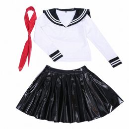 Femme Sexy Uniforme scolaire Uniformes de marin PVC Lg Manches Uniforme scolaire japonais 3PCS / Set Anime School Girl Uniforme G3qA #