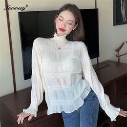 Vrouw shirt kanten hollow out stand kraag met lange mouw ruches slanke top vrouwelijke Franse retro hof stijl elegant zie door blouse t200608