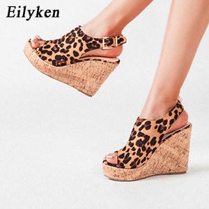 Femme chaussures talons hauts Sexy léopard Grain fond épais Peep Toe dames cheville boucle sangle plate-forme Wedge Sandale Femme 230306