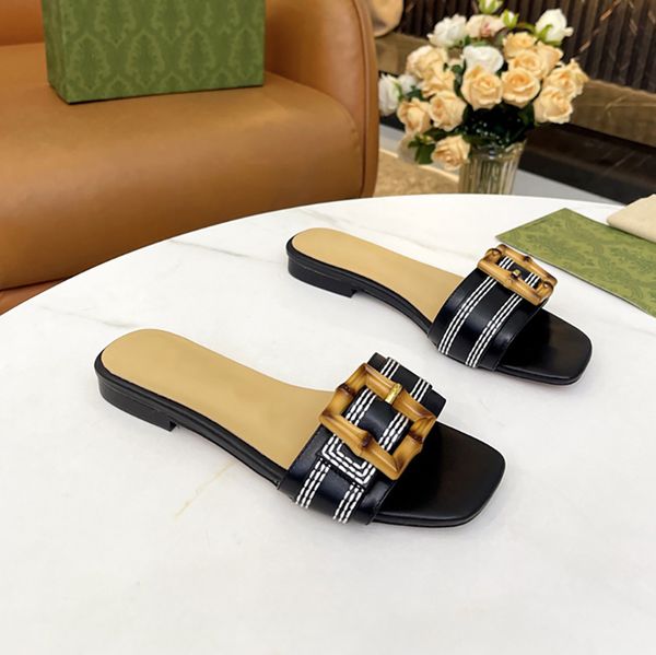 Sandale à glissière femme avec pantoufles à boucle en bambou sandales en cuir noir émeraude diapositives plates chaussures de plage d'été garniture brodée