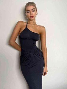 Mujer Sling vestido largo sin espalda sexy color sólido delgado dividido vestidos plisados 2022 moda de verano casual midi mujeres elegante bata T220816