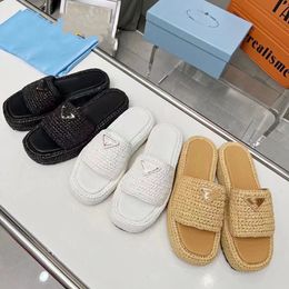 Zapatillas de mujer Sandalias planas de tela natural negra Plataforma tejida Chanclas de mula Moda Tobogán inferior grueso Playa de verano Suela de goma