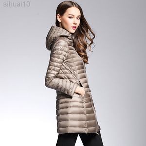 Chaqueta larga con capucha acolchada de primavera para mujer, abrigo de plumón de pato blanco para mujer, chaquetas sólidas ultraligeras delgadas, abrigo, Parkas portátiles L220730