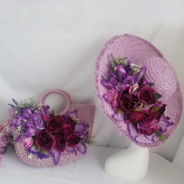 Femme Sac De Paille Poignée Ronde Rotin Sacs Violet À La Main Fleurs D'été Totes Tissé Plage Filles Voyage Sacs À Main Avec Chapeau 230401