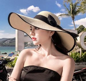 Femme paille de plage du soleil de soleil d'été décontracté largeur rôti solide pliant chapeau dame floppy bowknot ruban plage cap tta10369772118