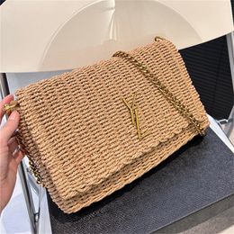 Vrouw Straw schoudertassen Designer strandzak Crossbody kettingtas kleine kleppen mode haakkruiskruisgoud goud letter 2024