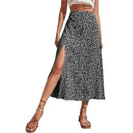 Vrouw Zomer Europese En Amerikaanse Bloemenprint Split Rok Dames Leisure ALine Tas Hip MidWaist Lange Rok 220617