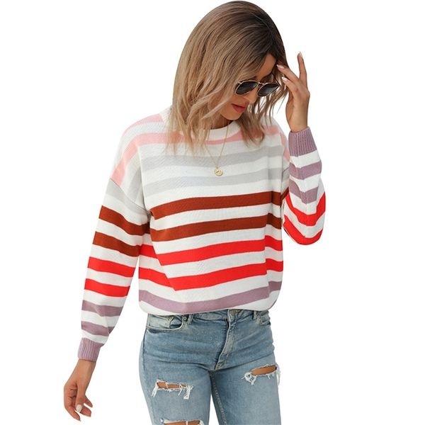 Mujer suéteres otoño invierno rayas para mujer de punto de manga larga o-cuello casual jerseys sueltos cortos para mujeres 210604