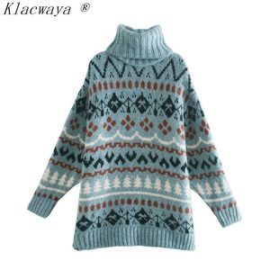 Vrouw Sweaters Femme Chandails Turtleneck Lange Mouw Vintage Jacquard Losse Mid-Length Gebreide Pullover Ropa Mujer Koreaanse Tops 210521