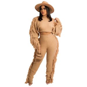 Femme gland pull deux pièces ensemble solide à manches longues haut court + pantalon mode automne hiver costumes survêtement tenue