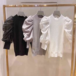 Femme Tops Spring Fashion Japan Style Chemises fraîches Sweet O Coula Col mouillée Houssine Tricoté Patchwork Pullwover Blouses 210429