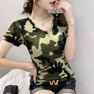 Femme T-shirts Femmes D'été Plus La Taille Harajuku À Manches Courtes Imprimé Col En V Tops T-shirt Femme T-shirts Camouflage Mujer Camisetas 210507