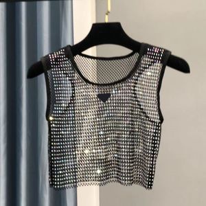 Camisetas sin mangas para mujer, camiseta de red, camiseta sin mangas con agujeros de cristal y diamantes, chalecos ajustados para mujer, camisetas, Tops S-L