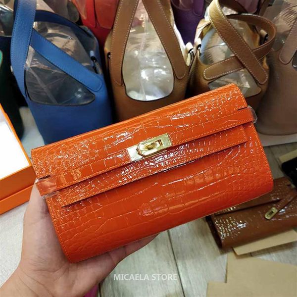 Cartera de mujer carteras de cuero genuino de cocodrilo MICAELA Bolsos de mujer monederos clip de dinero Tarjetero portafoglio portefeuill284h