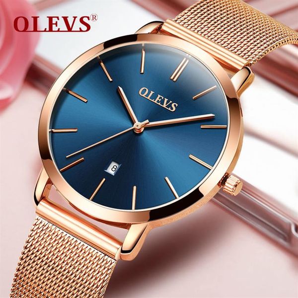 Femme Montre 2018 Marque De Luxe Femmes Or Rose Montres En Acier Inoxydable Date Automatique Ultra Mince Quartz Montre-Bracelet Dames Montre Bleu Y1329I