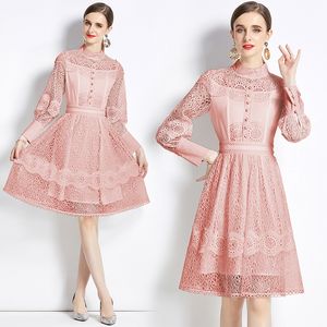 Femme Wed Party Rose Robe Midi Designer Français Manches Longues Dentelle Crochet Fleur Col Montant Slim Taille Haute Robes Froncées 2023 Printemps Automne Piste Vacances Robes