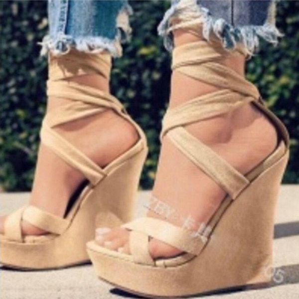 Woman Wedge Tacones altos Plataforma Mujeres Sandalias Sexy Bomba Peep Peep Toe Cross Tied Zapatos Mujer Damas Lace Up Shoes Drop