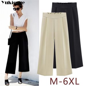 Femme pantalon large jambe lâche décontracté cheville longueur poches femme pantalon été taille haute élastique pantalon droit dames grande taille 210412