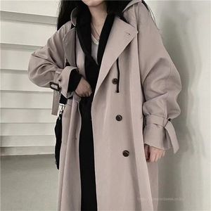 Femme coupe-vent manteau noir rétro Style britannique printemps moyen Long coréen Preppy Style mode lâche femmes surdimensionné manteau 210812