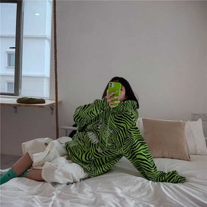 Vrouw Zebra Print Hoodies Neon Groen Oversized Harajuku Losse BF Student Mode Streetwear Dames Sweatshirt 210930