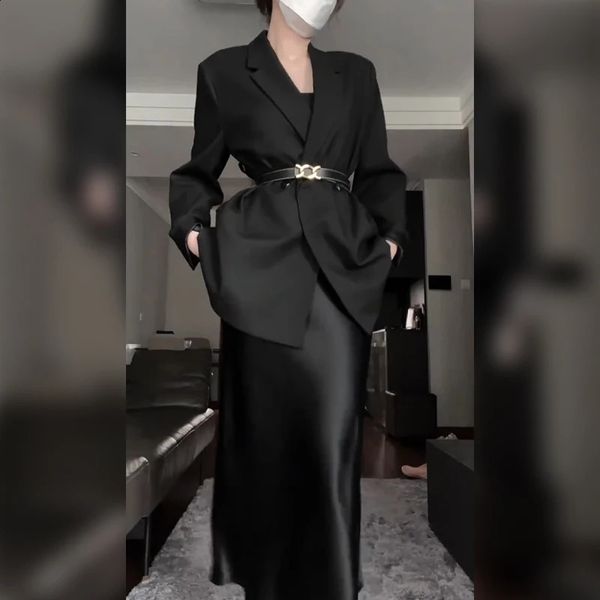 Femme automne grande taille taille courte Blazers costume veste Satin jupe noir Hepburn vent ceinture deux pièces ensembles 240202